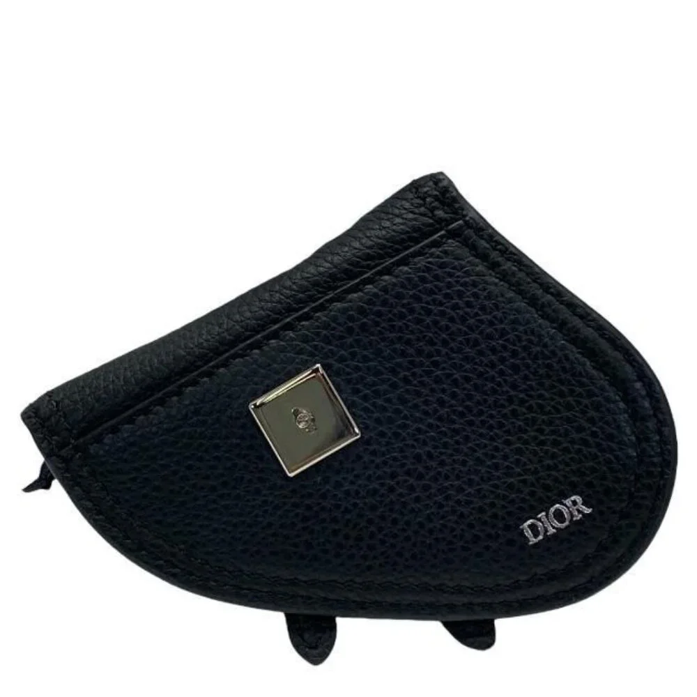 Christian Dior Saddle Pouch Mini Accessories Coin Case Fold Logo Leather Black
